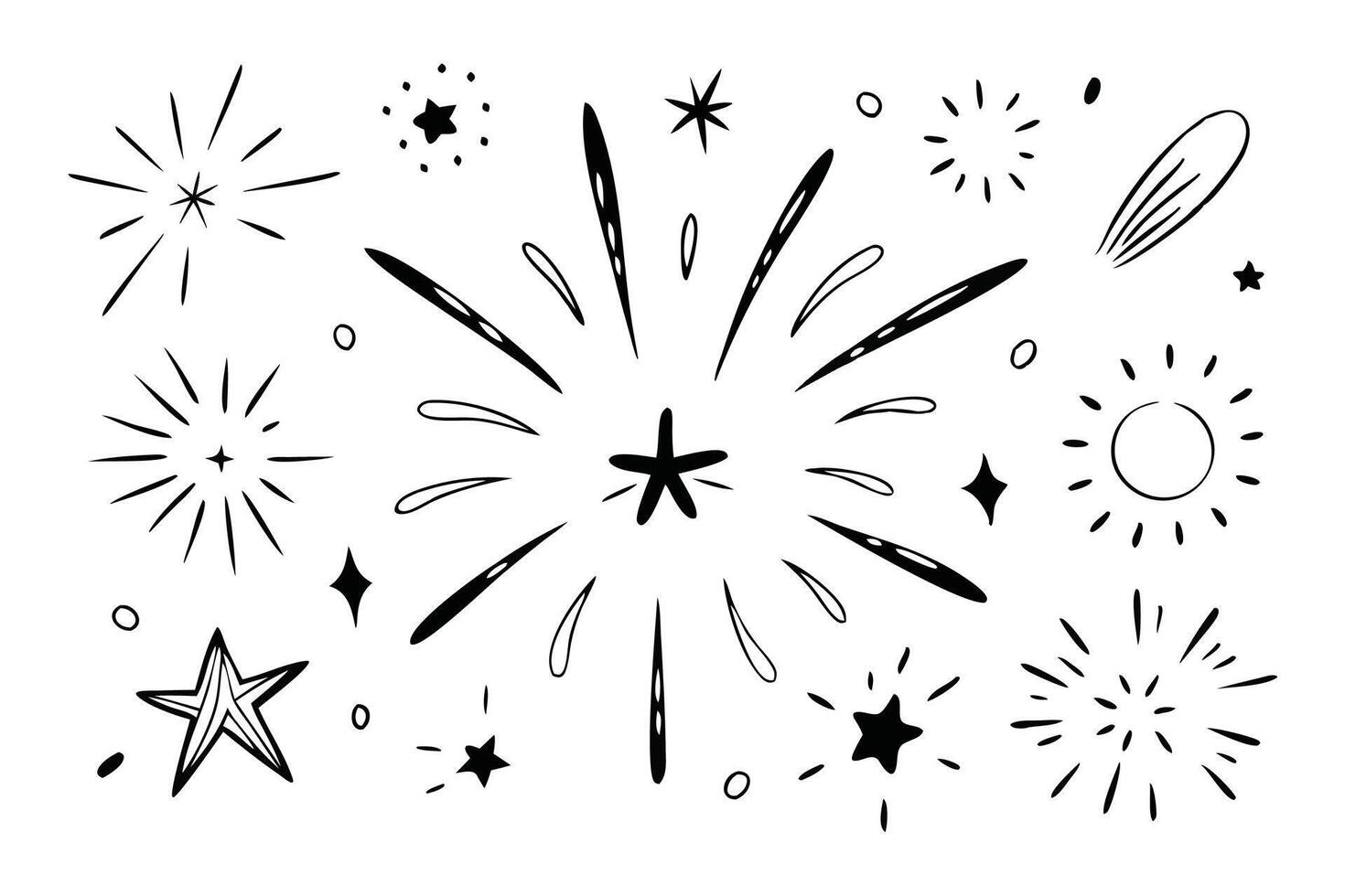Black Doodle brush ornament lines and surprise symbol. Sun burst, shocked frame, shine starburst elements flat illustration on white background. vector
