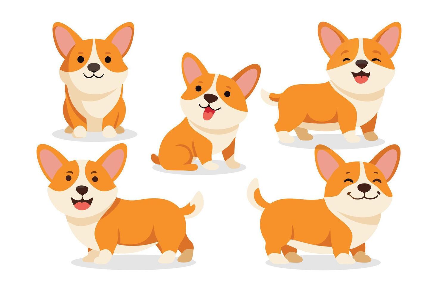 Corgi dogs. Cartoon little corgis in different pose set flat illustration. vector