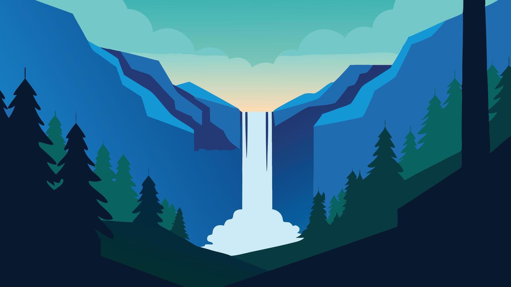 Waterfall flows over stones, framed by dense trees in a peaceful forest environment flat illustration. vector