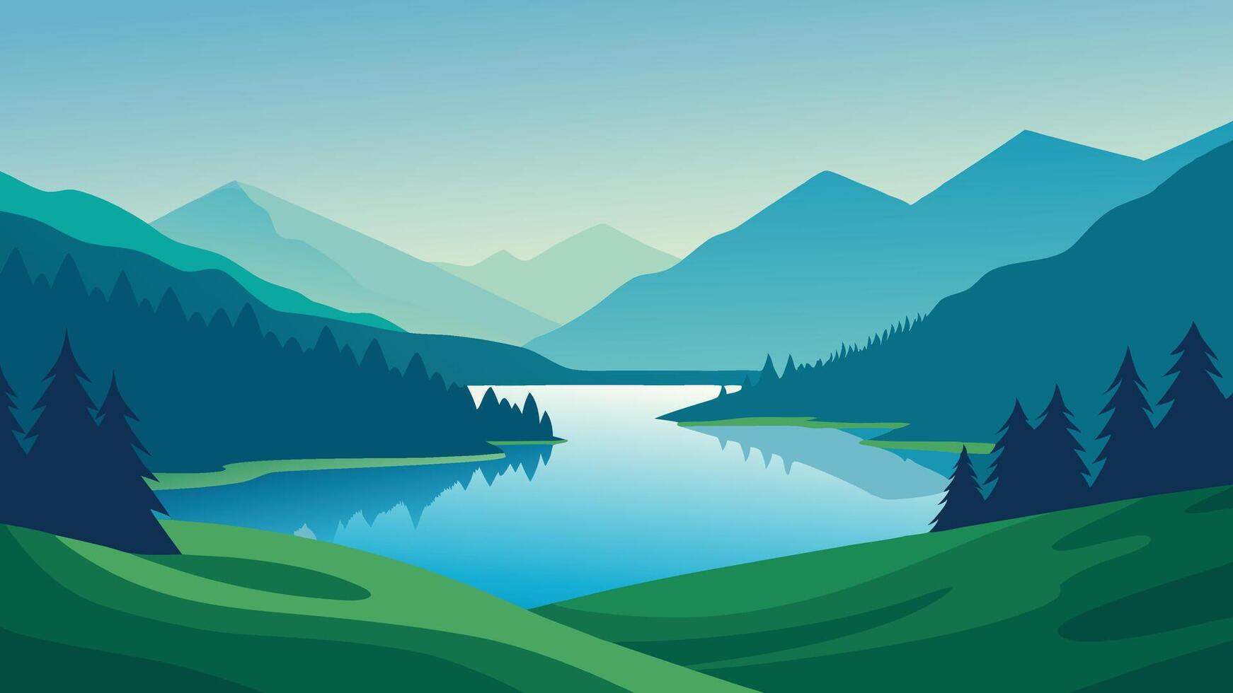 Picturesque lake encircled by verdant hills and grassy areas, showcasing a peaceful natural landscape flat illustration vector