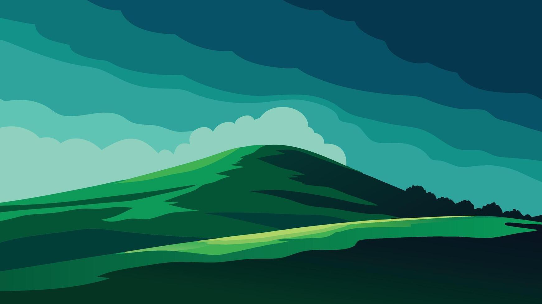 green hill under a dramatic stormy sky, showcasing contrasting colors and an impending sense of weather change flat illustration. vector