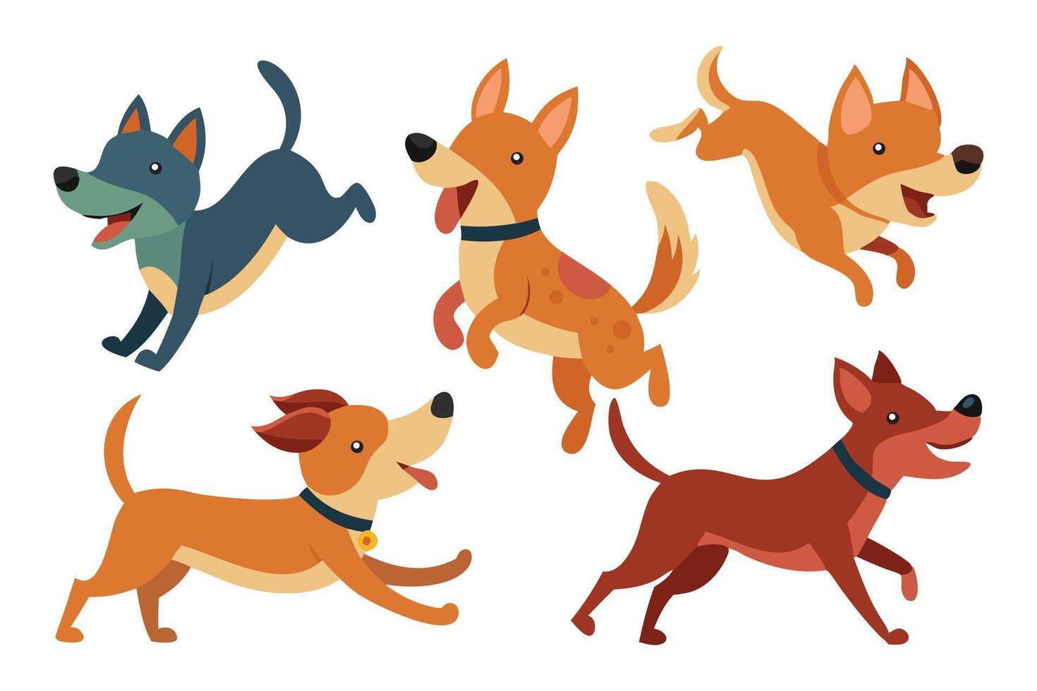 Cartoon pet animal, cute puppy and dogs in different poses, running, jumping and sleeping character illustration set on white background vector