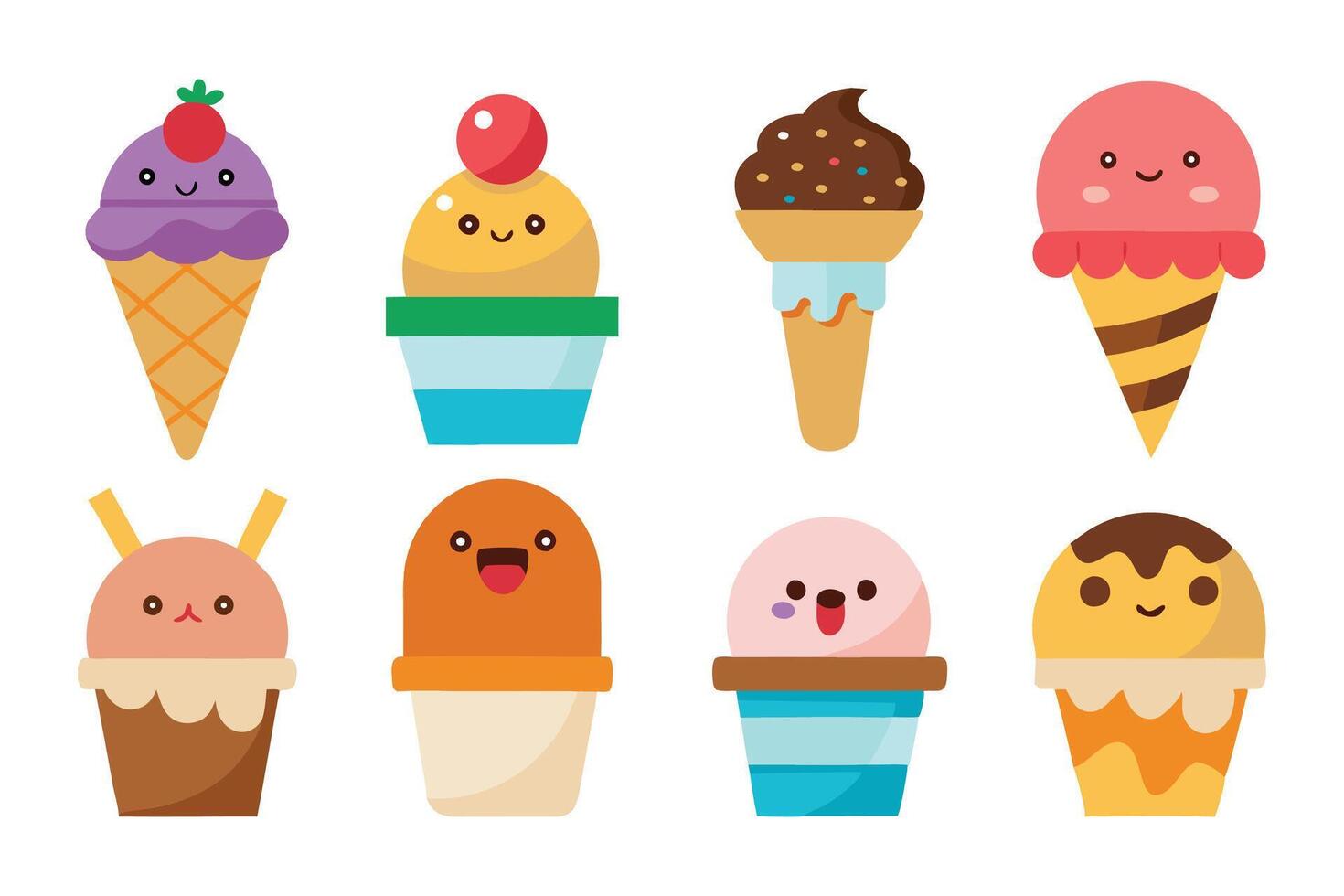 Ice cream. Cartoon different gelato flavors in cones, waffle, cups set flat illustration on white background vector