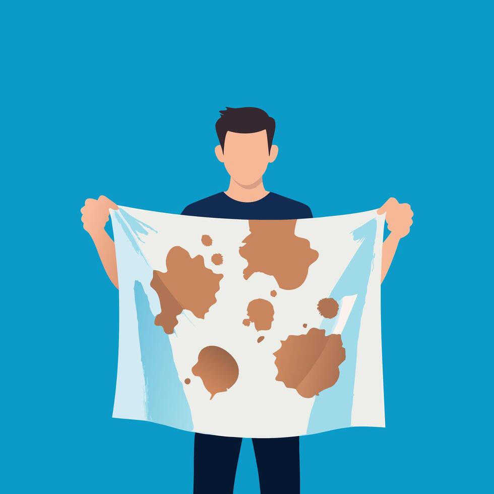 Young person holds a white cloth marked with brown stains, indicating possible dirt or a spill on the fabric isolated flat illustration vector