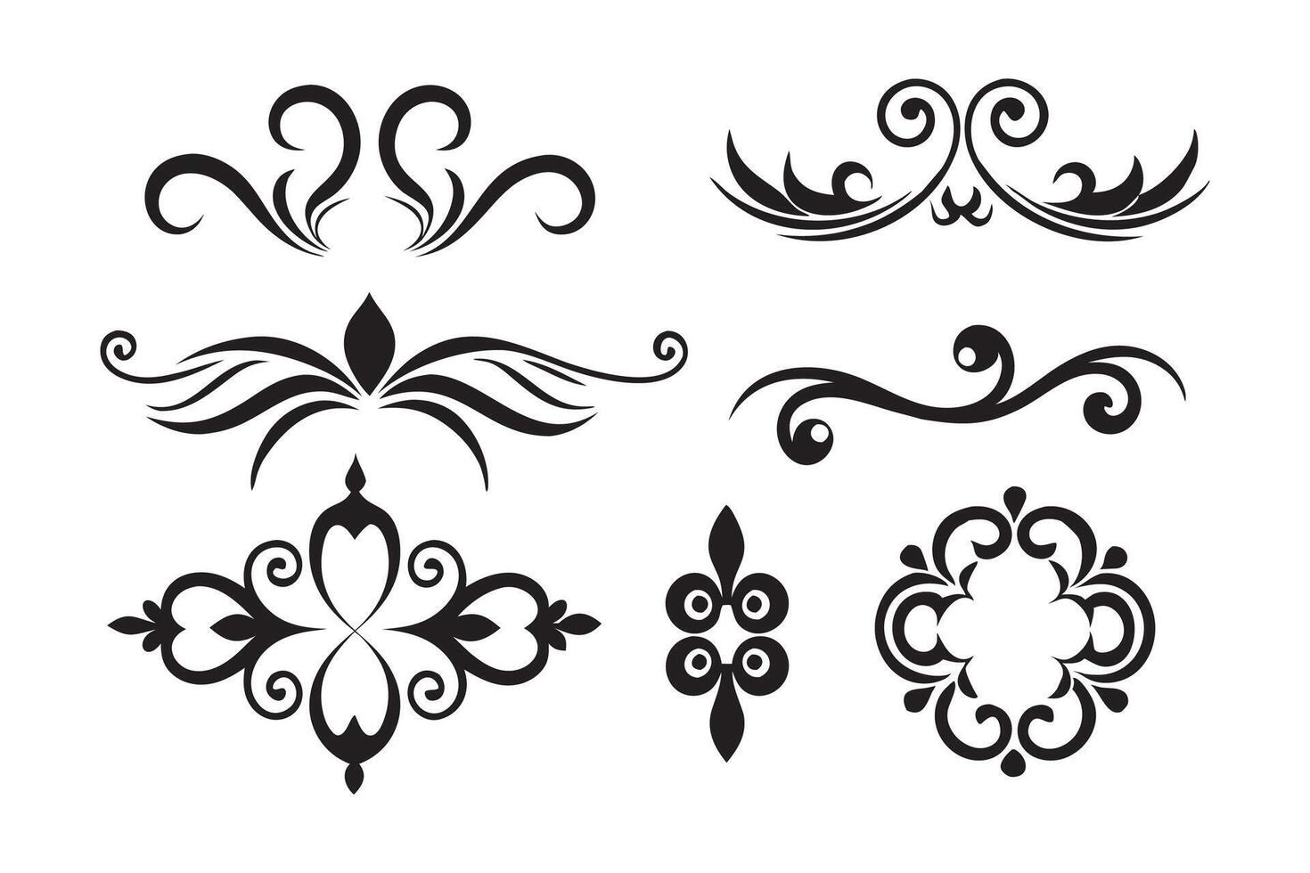 A set of decorative flower designs in black and white, highlighting diverse patterns and artistic expressions flat illustration vector