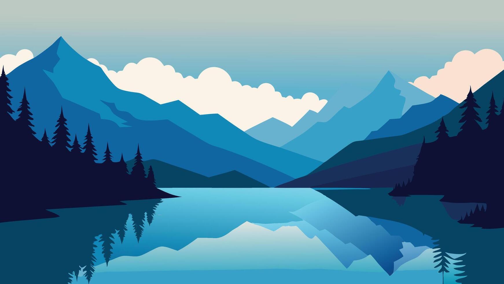 Lake nestled among majestic mountains and lush trees, reflecting the beauty of nature flat illustration. vector