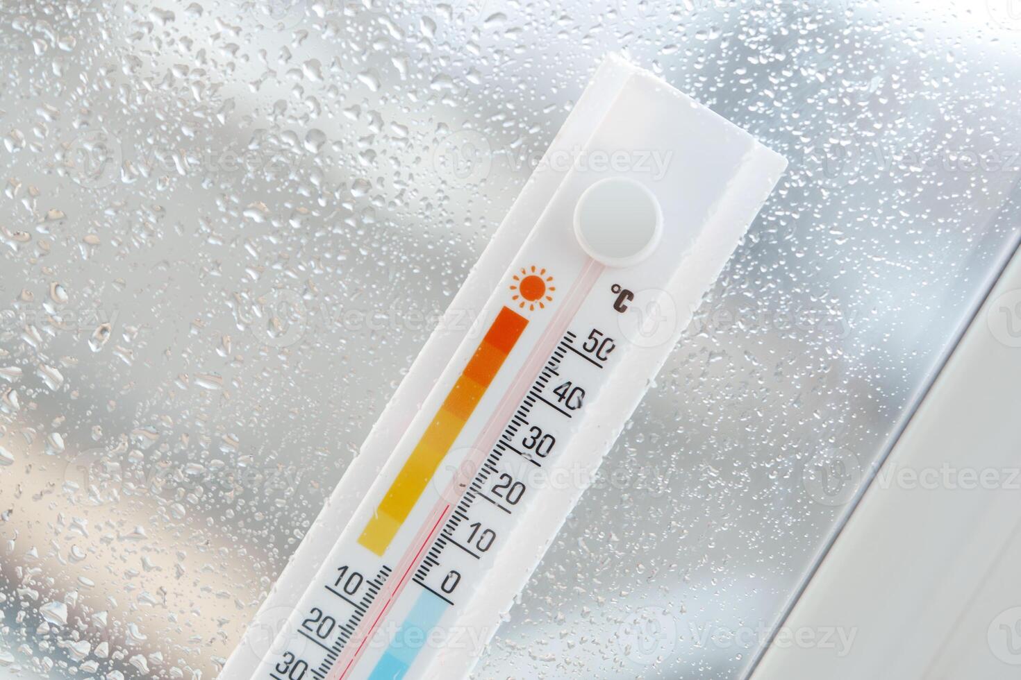 Thermometer Attached to Window With Rain and Plant photo