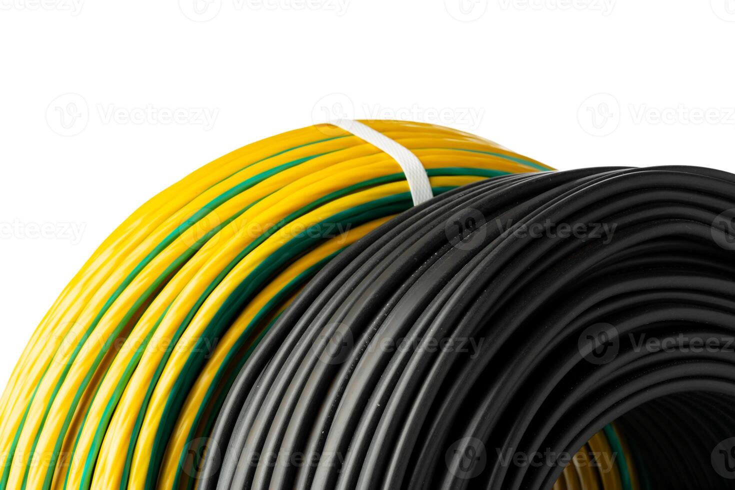 Yellow And Black Electrical Wire Spools Isolated On White Background photo