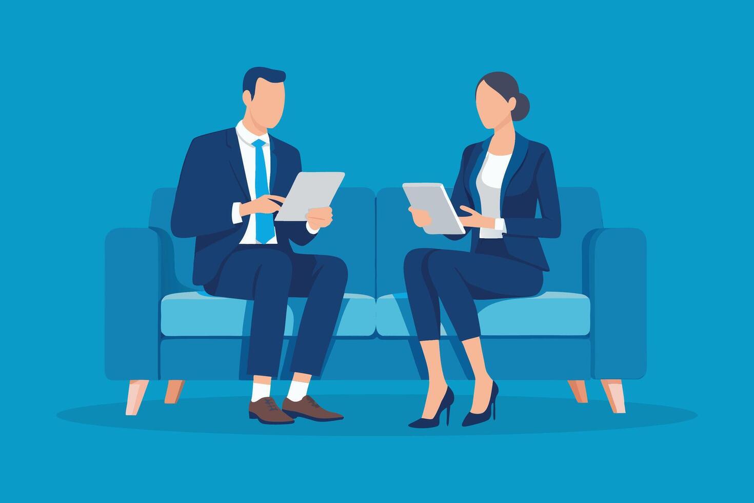 Business man and woman are seated on a couch, both engaged with a tablet in their hands, sharing a moment together. isolated flat illustration. vector