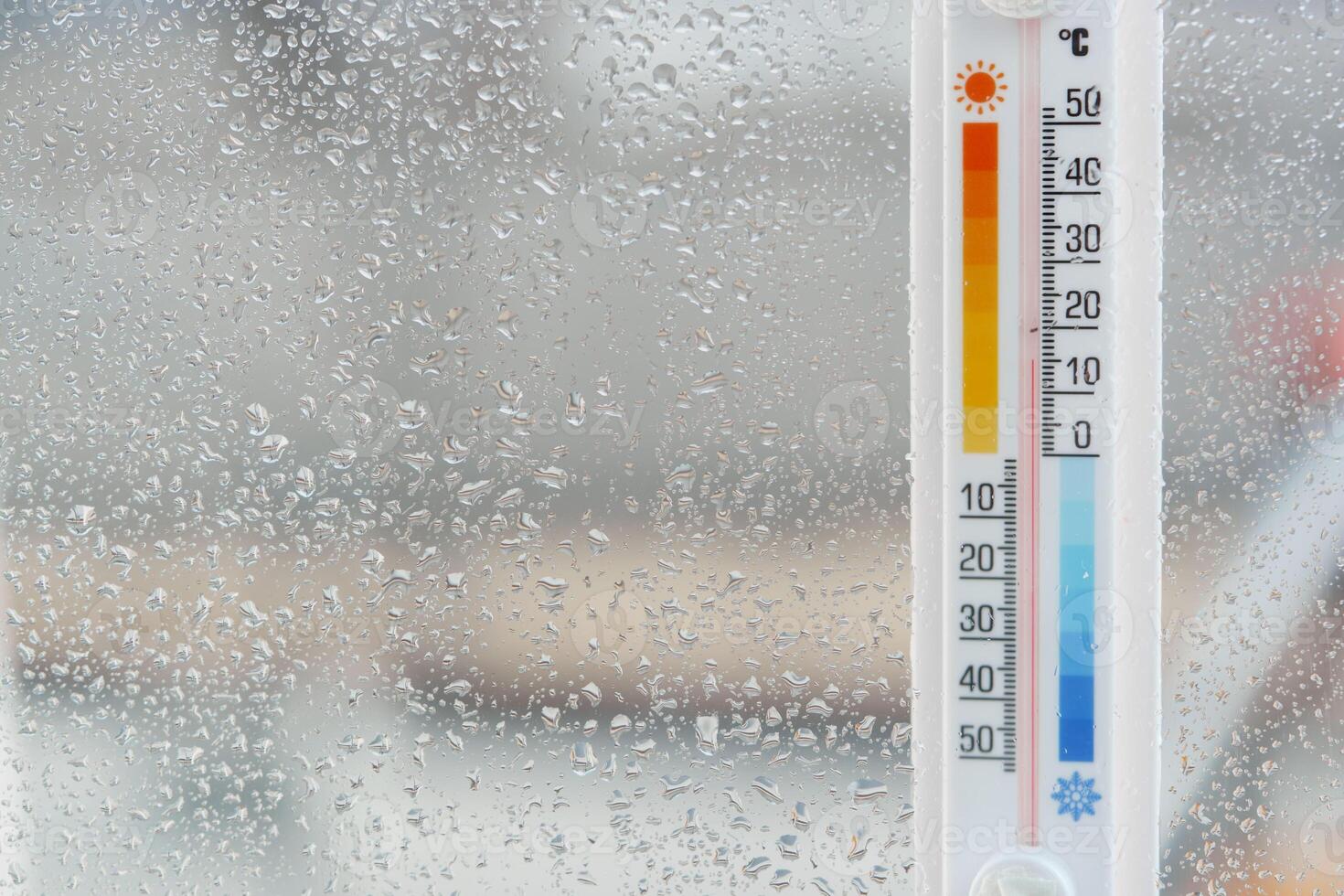 Thermometer Attached to Window With Rain and Plant photo