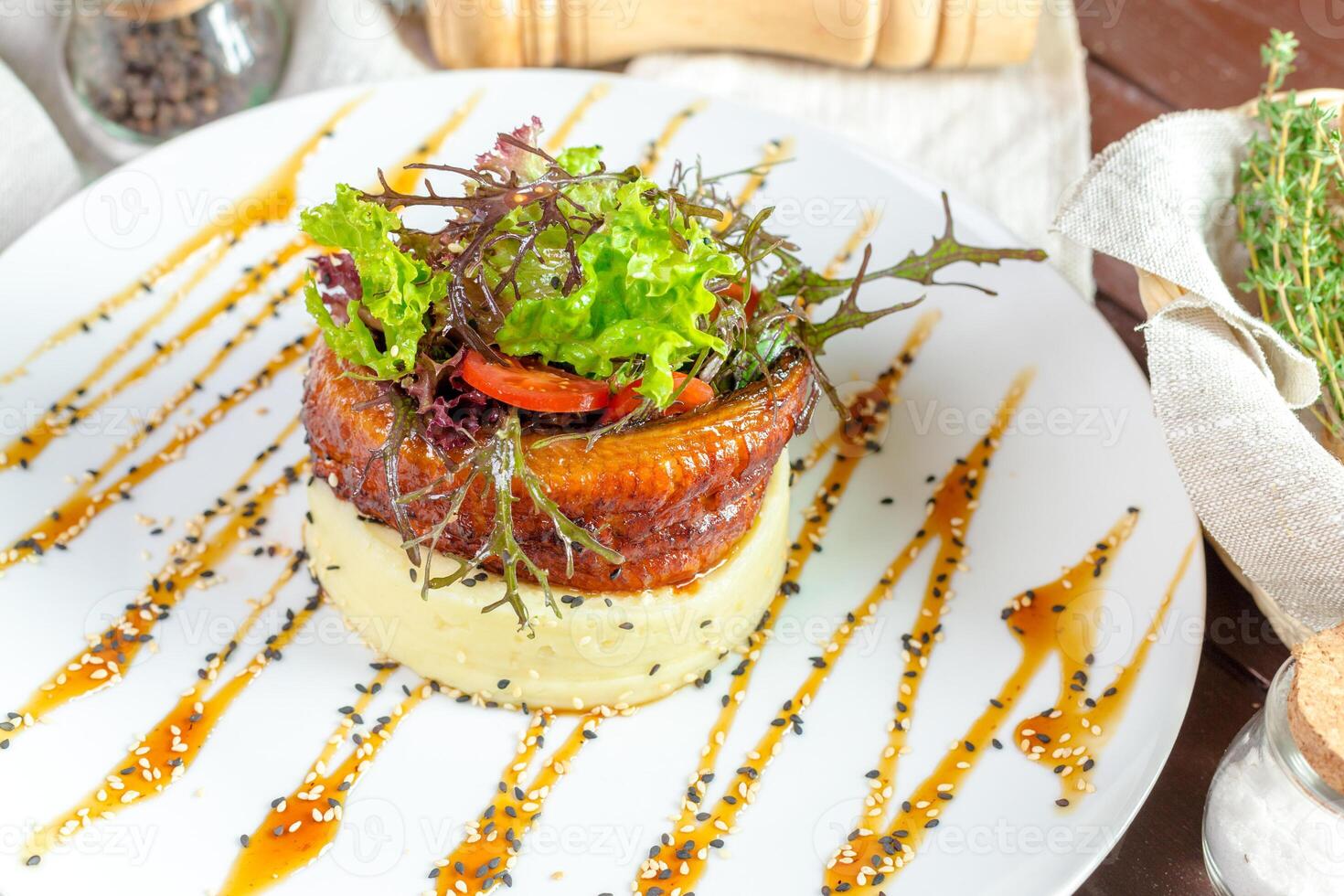 Fried fish with mashed potatoes photo