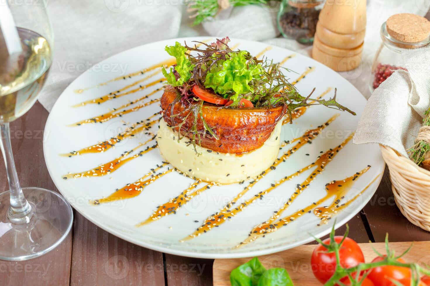 Fried fish with mashed potatoes photo
