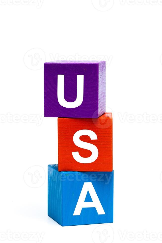 wooden toy cubes with letters. USA photo
