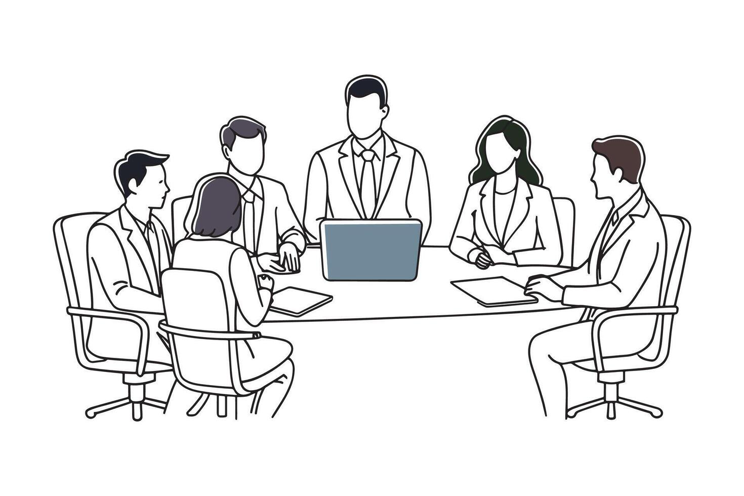 Business individuals participating in a meeting within an office setting isolated continuous line art flat illustration on white background.. vector