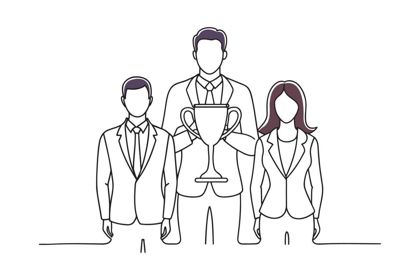 Business professionals proudly holding a trophy in an office, representing achievement and collaboration isolated continuous line art flat illustration on white background.. vector