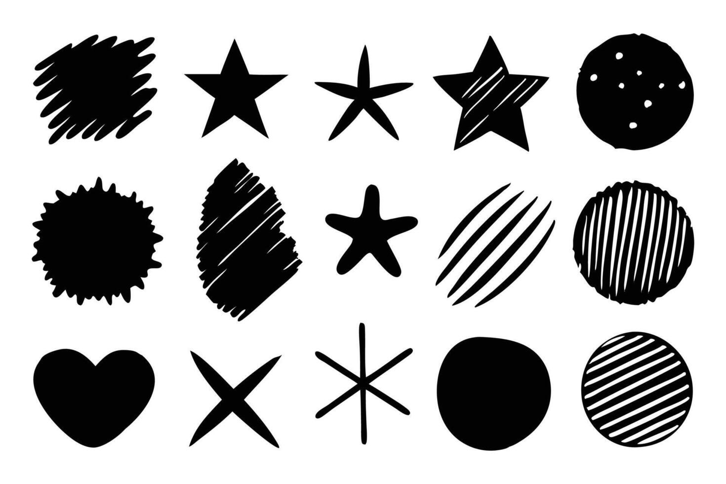 Bold charcoal freehand textures, stripes, crosses and ink shapes. Pencil drawing, illustration isolated flat illustration on white background. vector