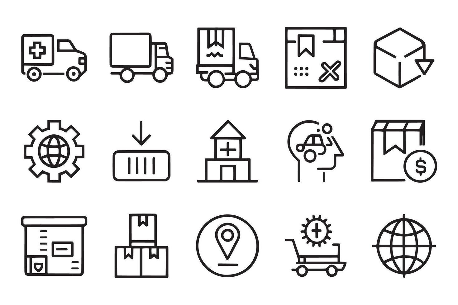 Delivery and logistics. Supply chain, value chain, manufacturing related editable icon set isolated flat illustration white background. vector