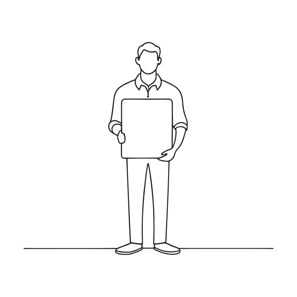 man stands holding a blank board in front of him continuous line art flat illustration on white background. vector
