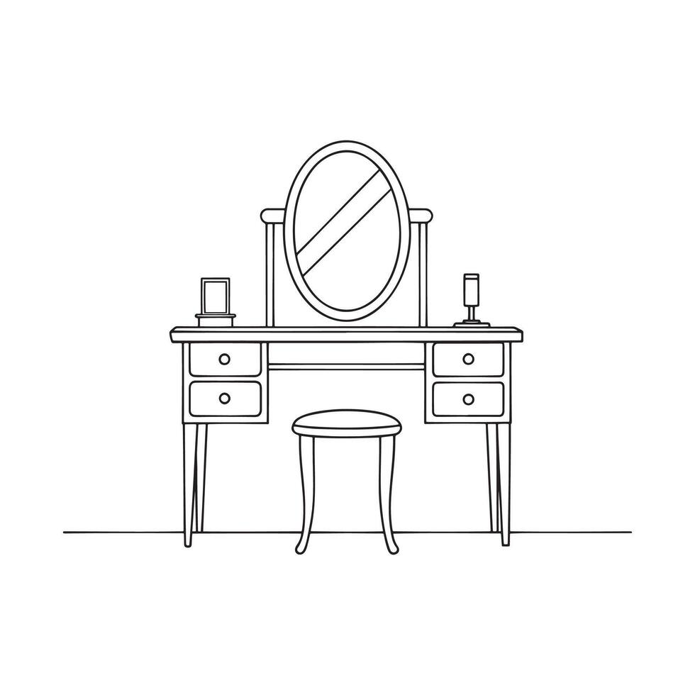 Dressing Table Bedroom Furniture isolated continuous line art flat illustration on white background. vector