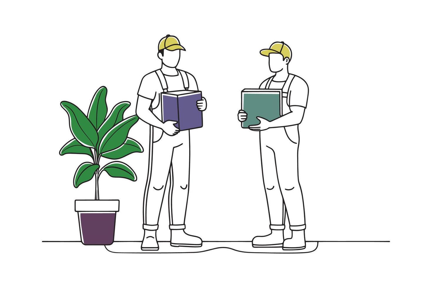 Two men dressed in overalls and work boots hold boxes and a plant, symbolizing collaboration in a work environment isolated continuous line art flat illustration on white background. vector