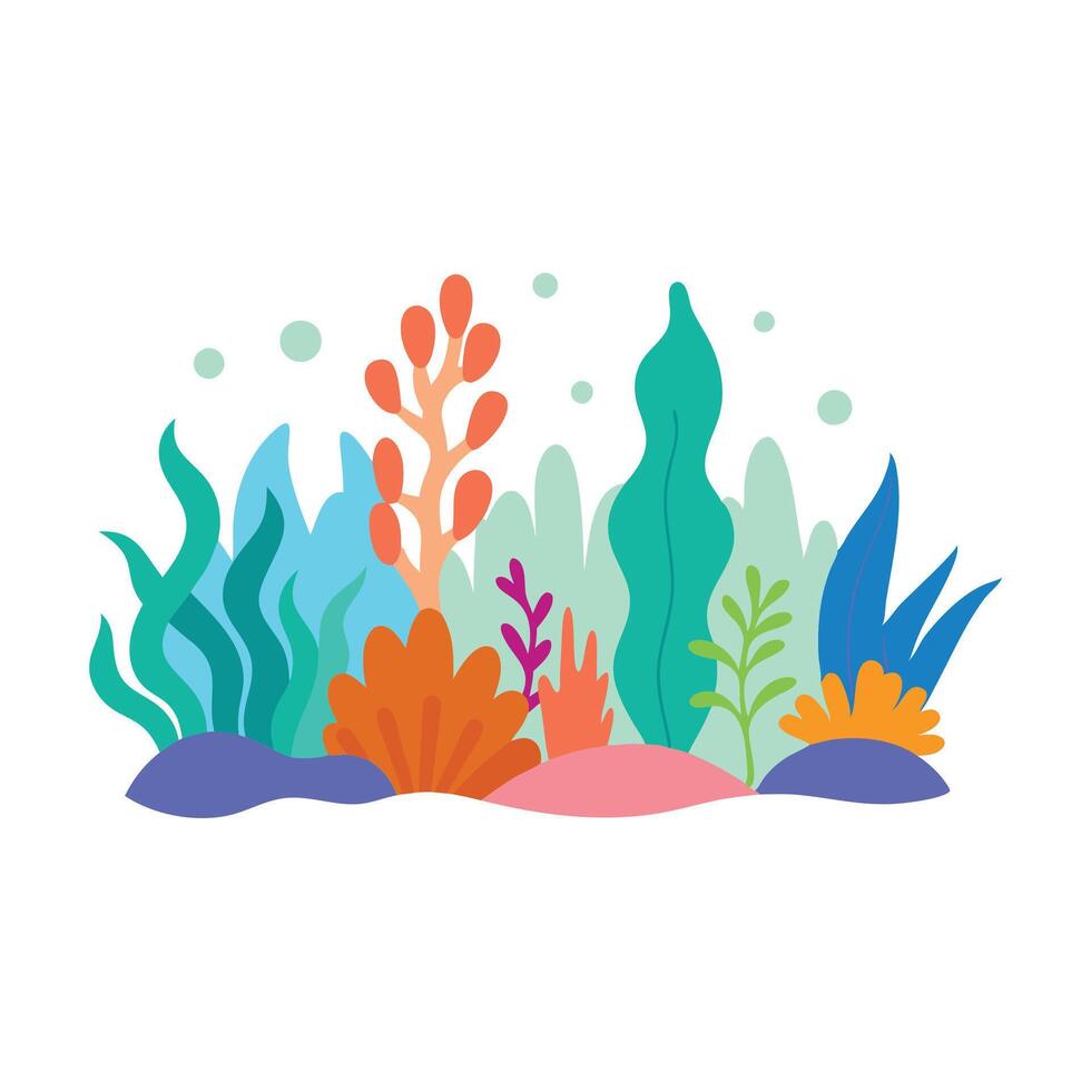 Vibrant collection of underwater plants, showcasing various shapes and colors in a serene aquatic environment isolated flat illustration on white background. vector