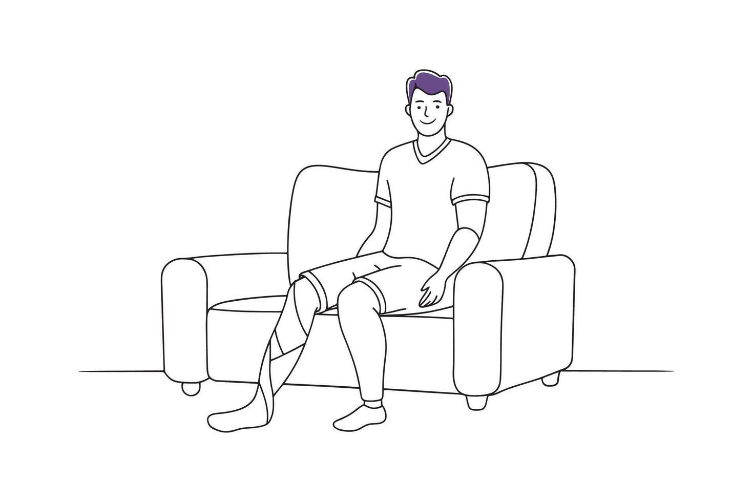 Man seated on a couch, his broken leg in a cast, conveying a sense of recovery isolated continuous line art flat illustration on white background. vector