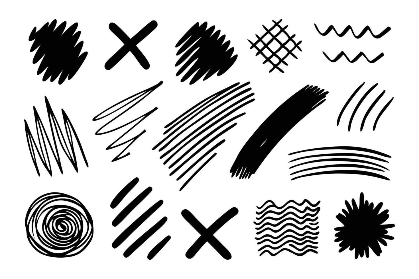 Hand drawn underlines strikethroughs. Bold doodle freehand shapes. Underline typography scribbles, crosses, curves.isolated flat illustration on white background. vector