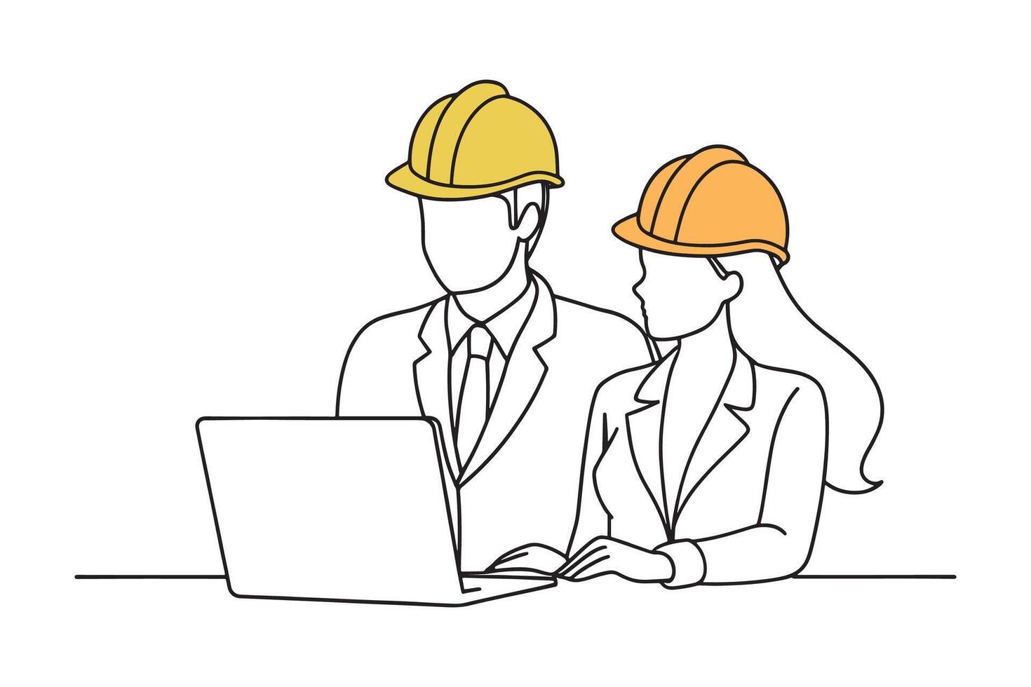 Man and woman in hard hats, positioned next to a laptop, representing collaboration in a professional setting isolated continuous line art flat illustration on white background.. vector