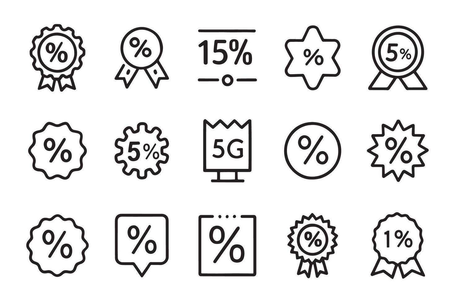 Discount, coupon, percent sign ribbon, discount code related editable icon set isolated flat illustration white background vector