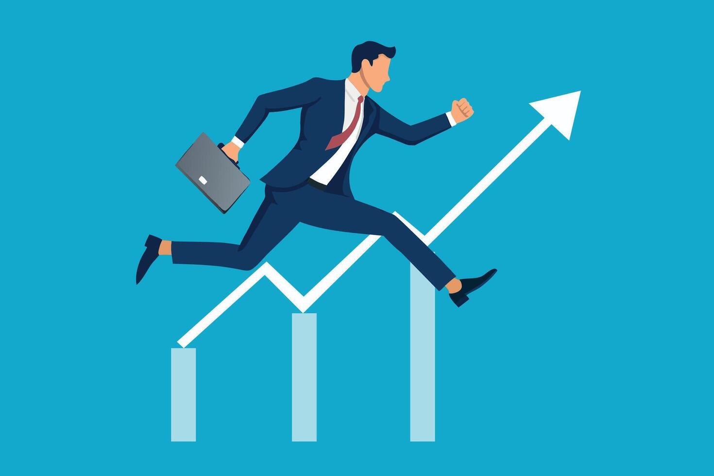Businessman running up a graph, representing progress and achievement in business performance flat illustration. vector
