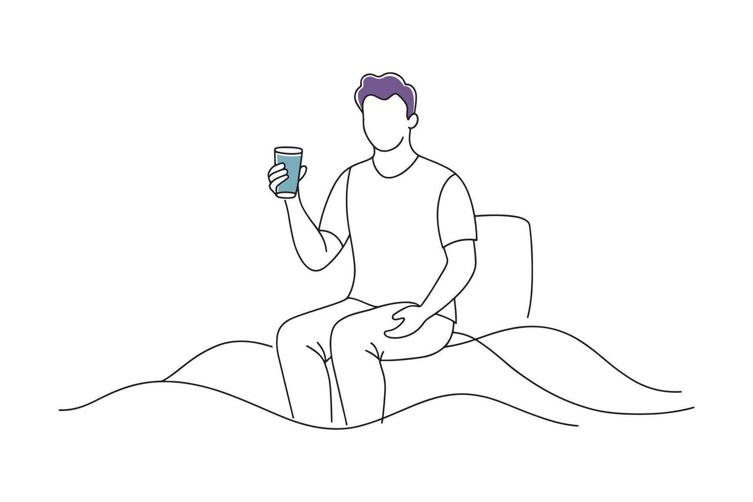 Man seated on a bed, gently holding a glass of water, conveying tranquility isolated continuous line art flat illustration on white background vector