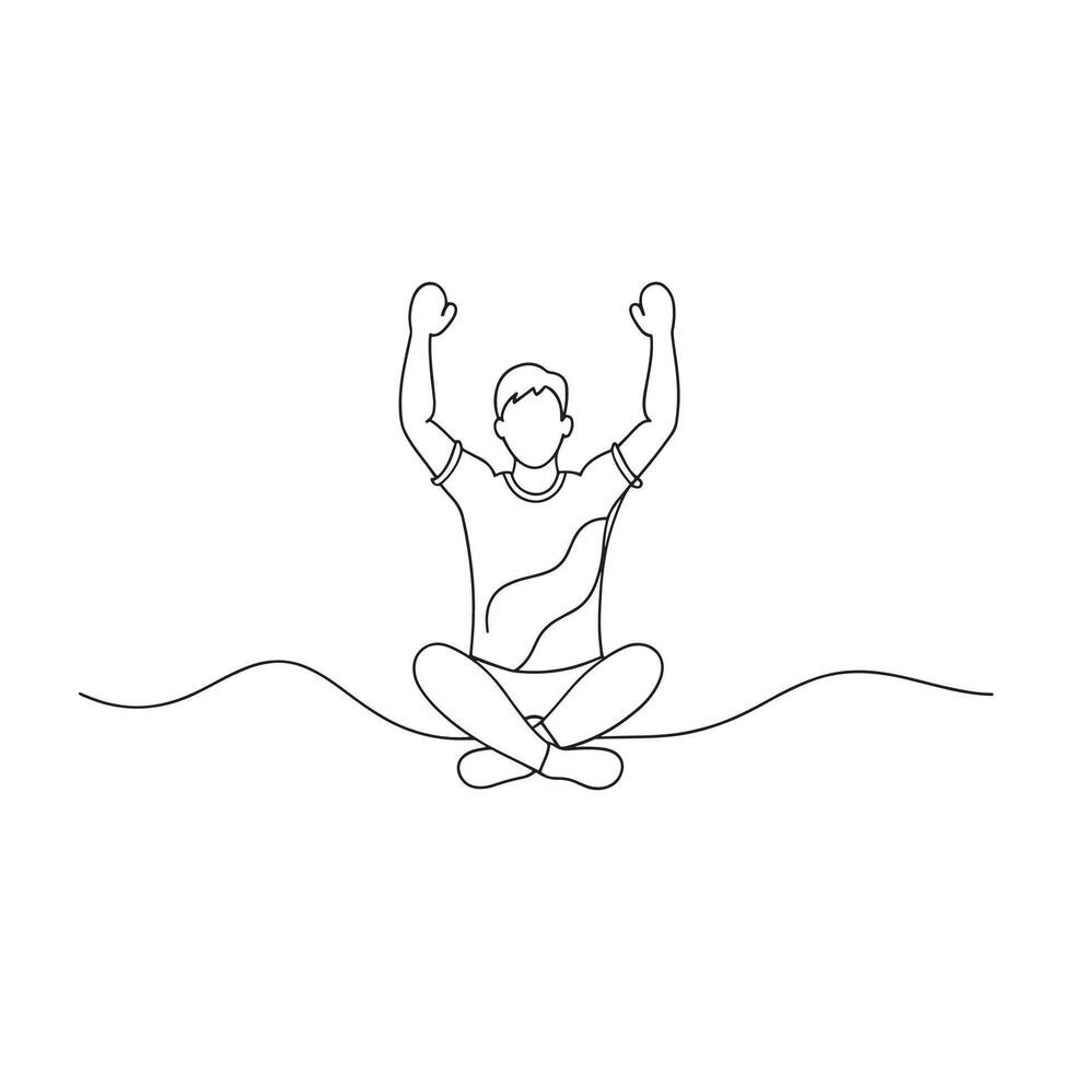 man sits on the floor with his hands raised continuous line art flat illustration on white background. vector