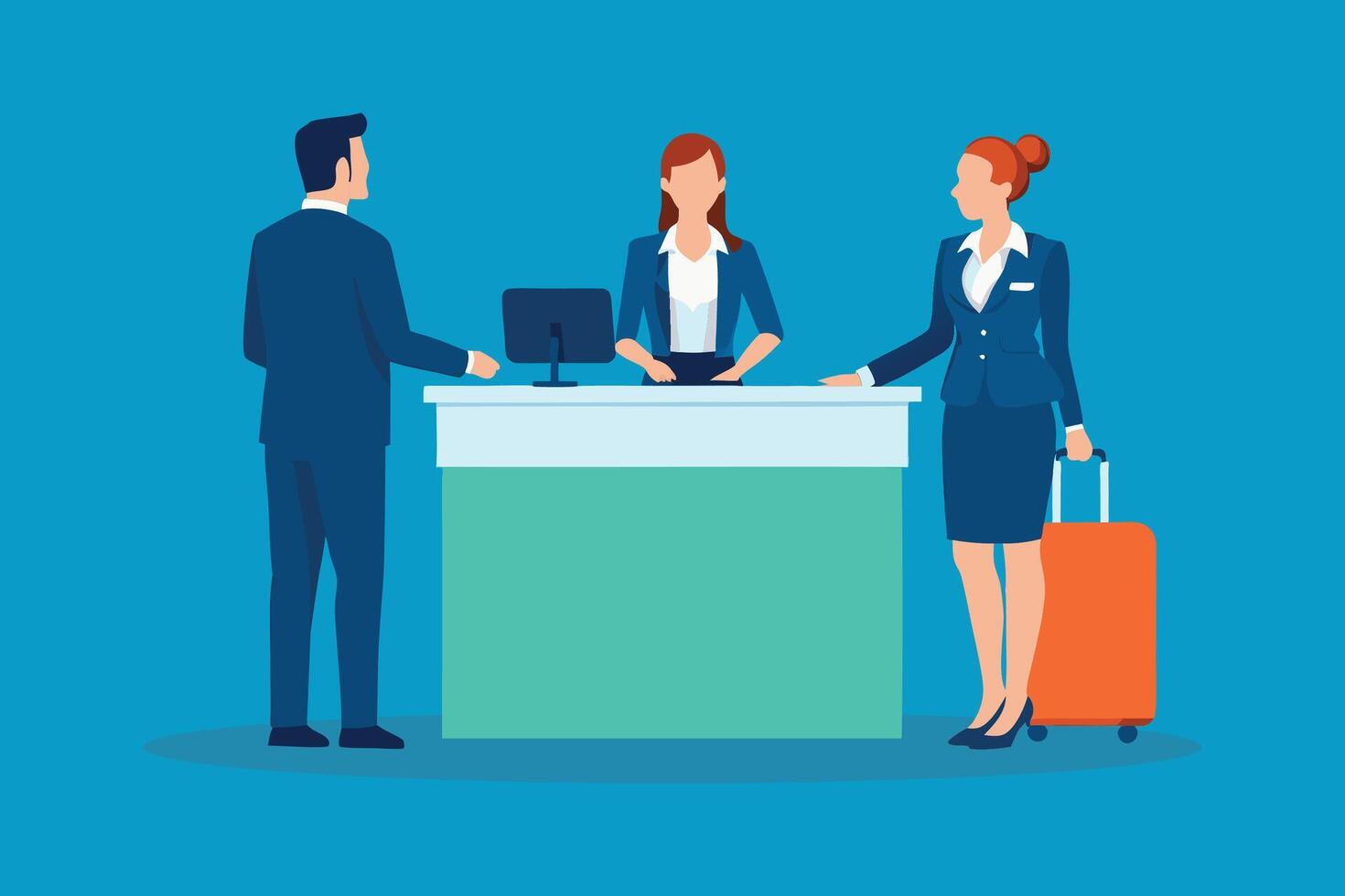 Female receptionist serving tourists at the front desk isolated flat illustration. vector