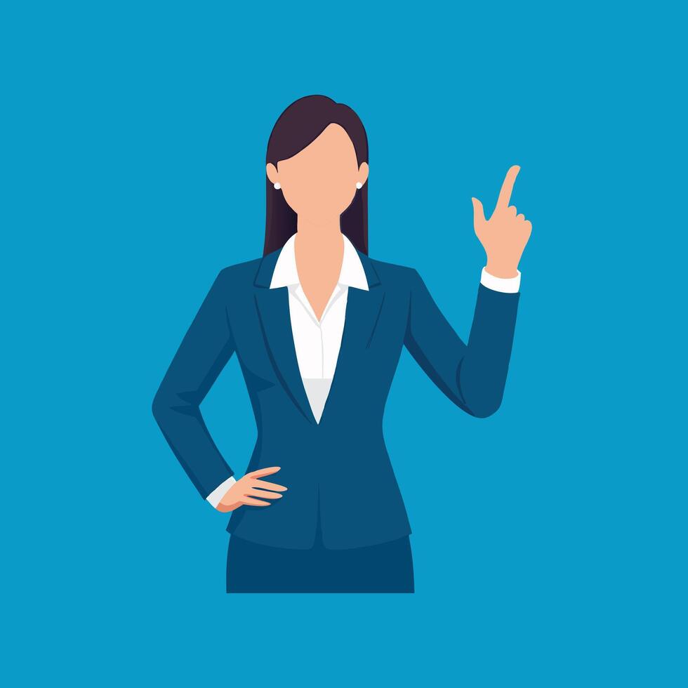 Businesswoman in a suit confidently points at an unseen object, showcasing professionalism and authority in her stanceisolated flat illustration vector