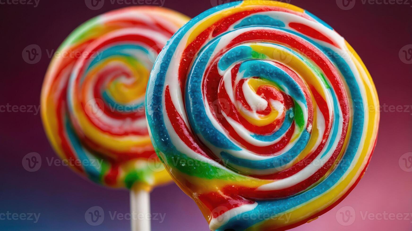 Two colorful spiral lollipops with vibrant swirls against a gradient background. photo