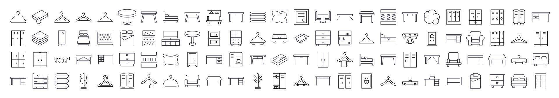 Minimalistic Linear Illustrations of Furniture. Contains Icons of Bed, Table, Mattress, Coat Hook that Can Be Used for Design of Cards, Posts, Apps, Web Sites vector