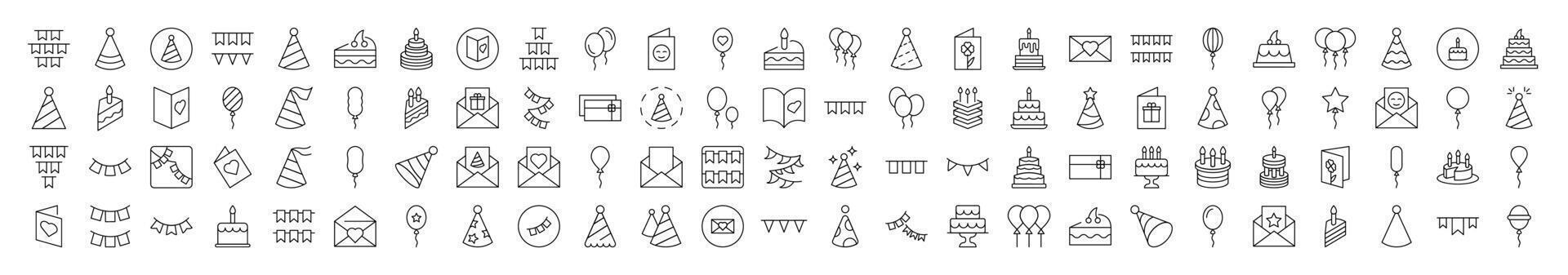 Cake, Holiday Hat, Postcard, Garland, Balloon Collection of Thin Icons. Editable Stroke. Suitable for Web Sites, Books, Cards, Apps vector