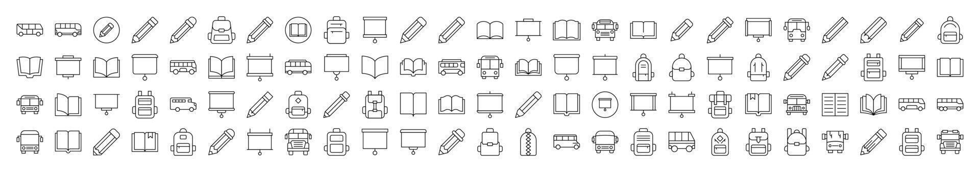 Pen, Presentation Board, Bus, School Bag, Book Line Icon Bundle. Editable Stroke. Minimalistic Linear Pictogram for Design of Cards, Apps, Banners, Posts vector