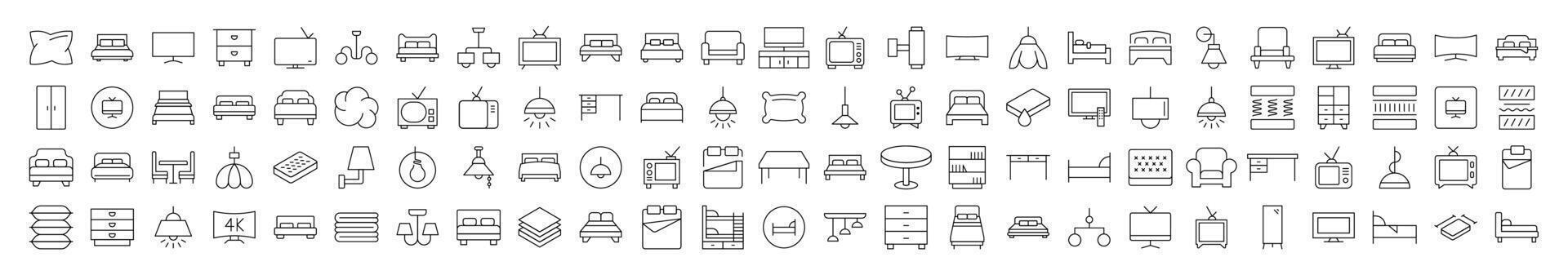 Table, Closet, Chandelier, TV Set, Mattress Related Line Icon Collection. Editable Stroke. Perfect for Infographics, Articles, Books, Flyers, Banners vector