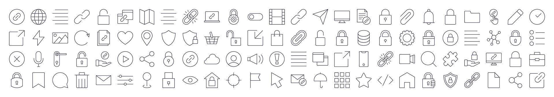 Bundle of Interface Related Line Icons. Editable Stroke for Design, Web Sites, Apps, Cards. Contains Linear Images of Share, Coding, Like, Bookmark, Menu vector