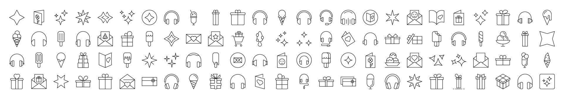 Collection of Line Icons of Party, Holiday, Headphones, Postcard. Editable Stroke. Minimalistic Linear Pictogram for Design of Cards, Apps, Banners, Posts vector