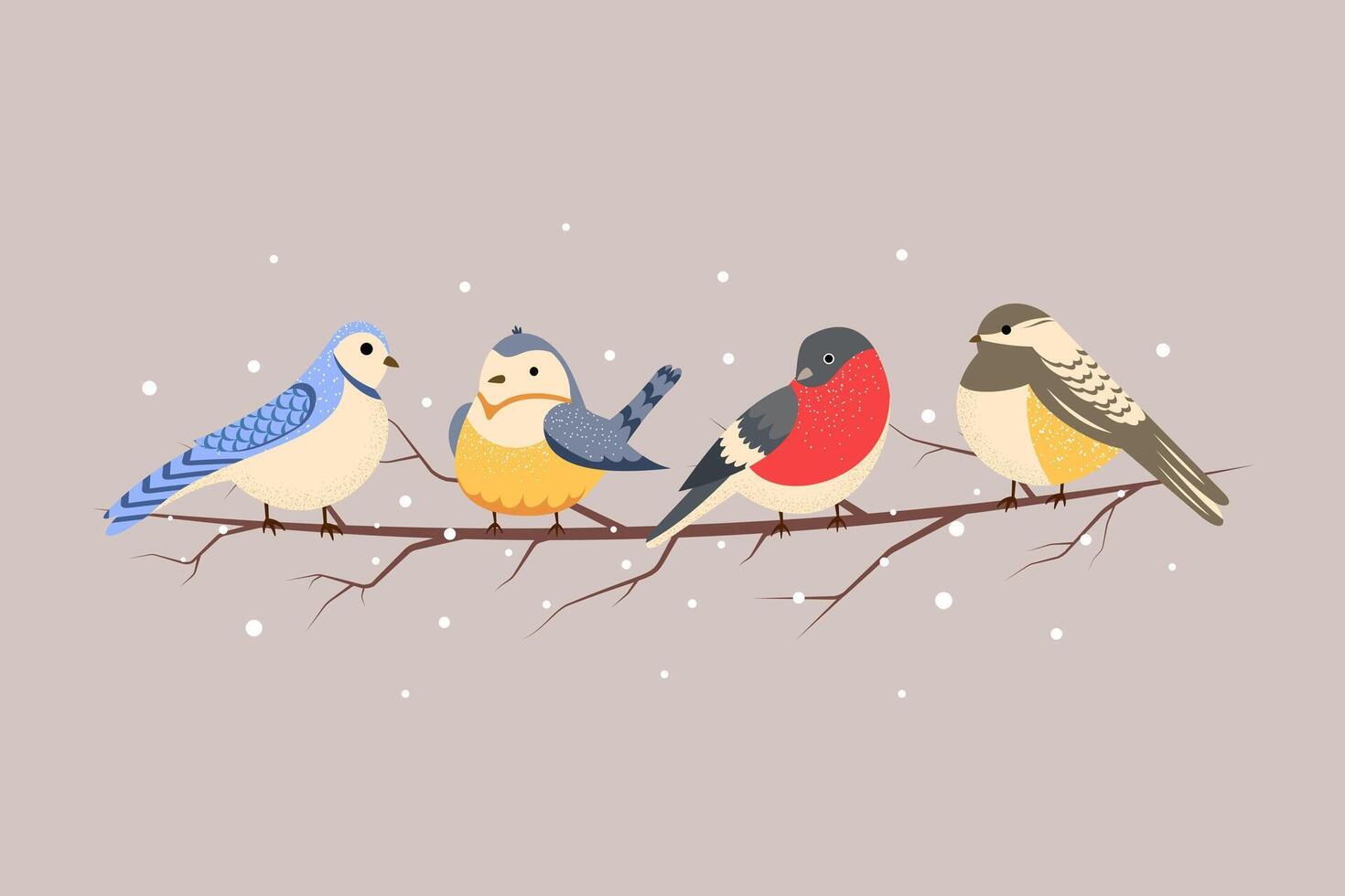 Set of cute birds on a branch. Winter illustration vector