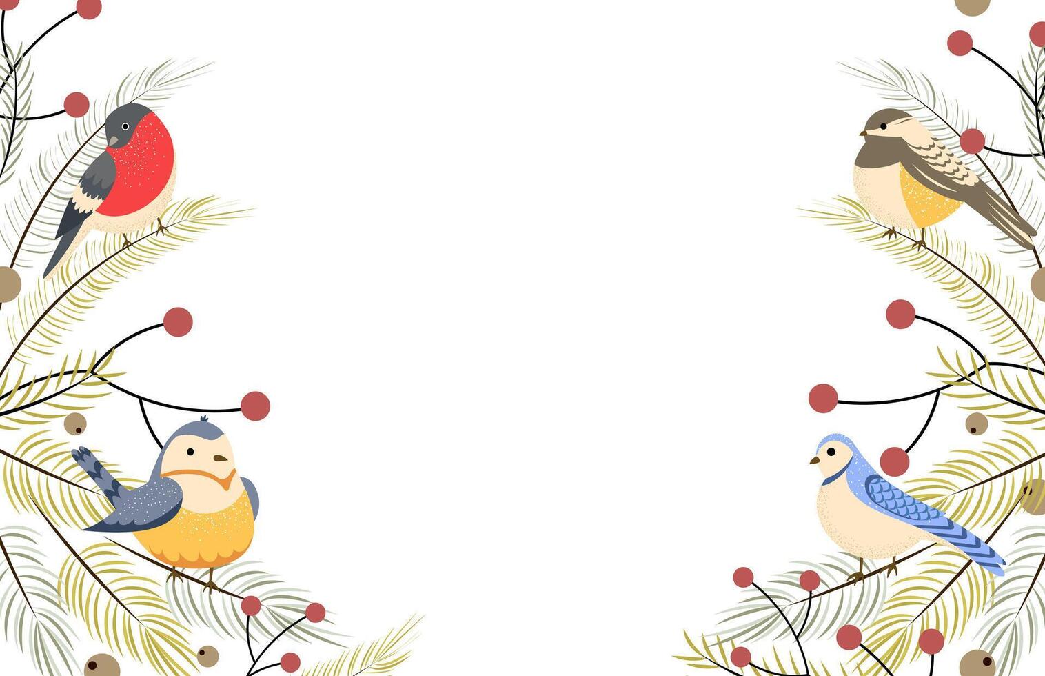 Winter background with birds with branches of fir, pine and berries. Holiday design, post template, social media. Poster, banner with place for text vector