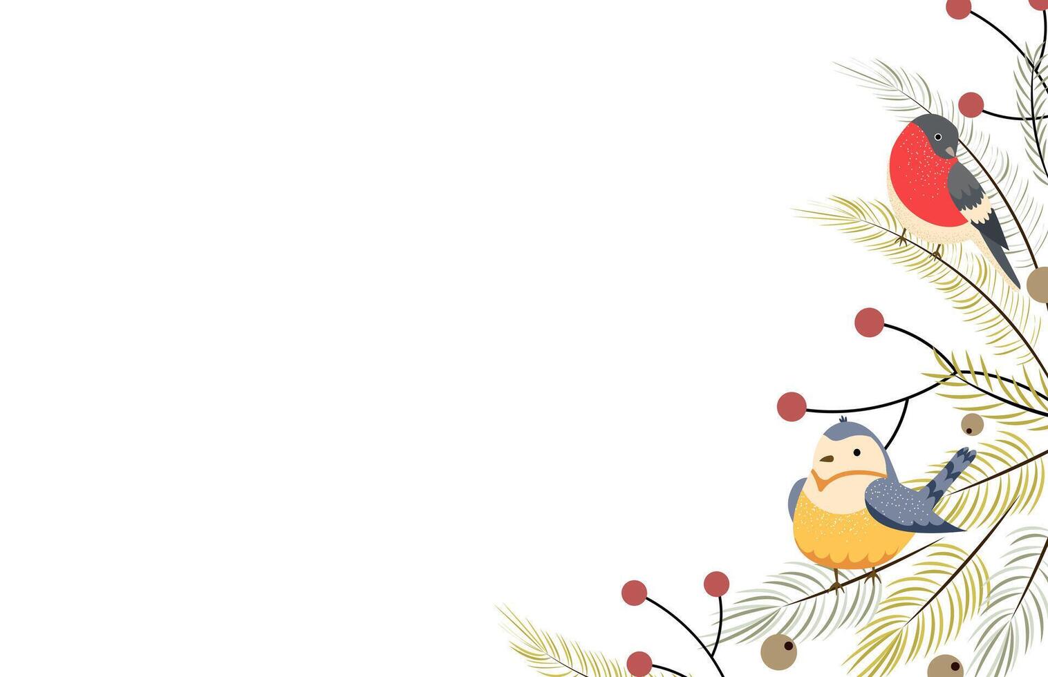 Winter background with birds with branches of fir, pine and berries. Holiday design, post template, social media. Poster, banner. illustration vector