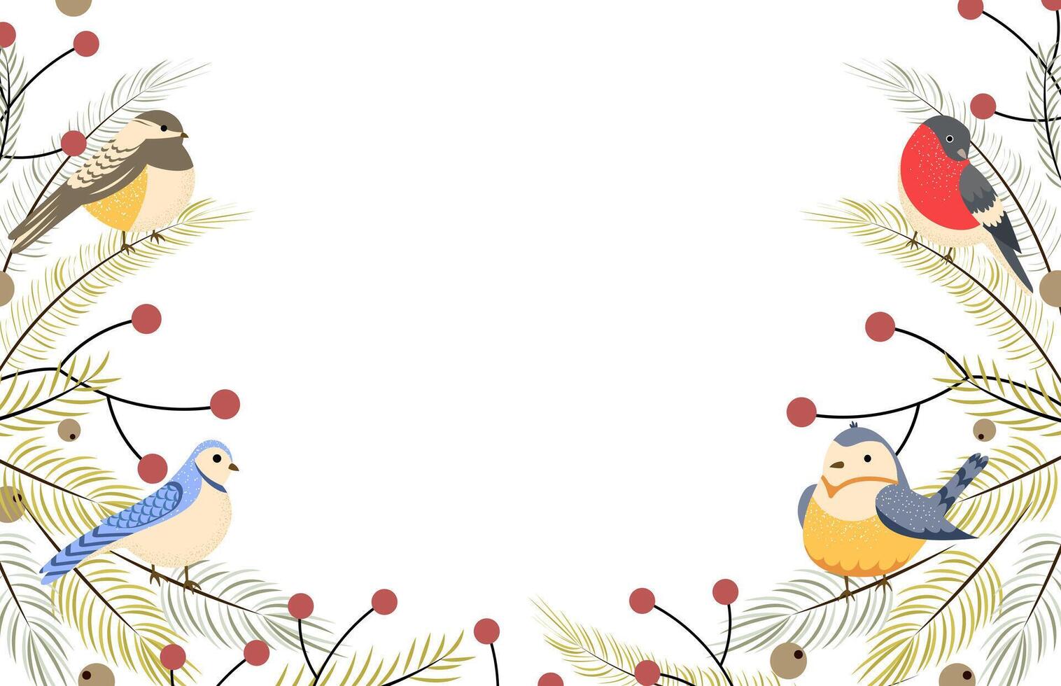 Winter background with birds with branches of fir and berries. Holiday design, post template, social media. Poster, banner with place for text. illustration vector