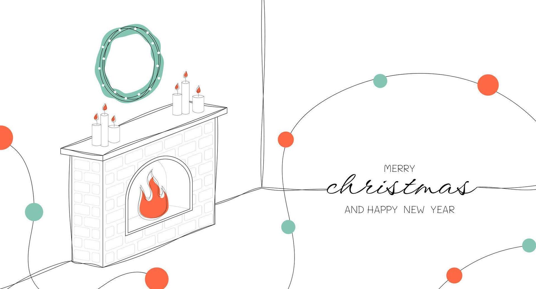 Merry Christmas and Happy New Year. Artline, one line, sketch. Fireplace and garland. Hand drawn illustration vector