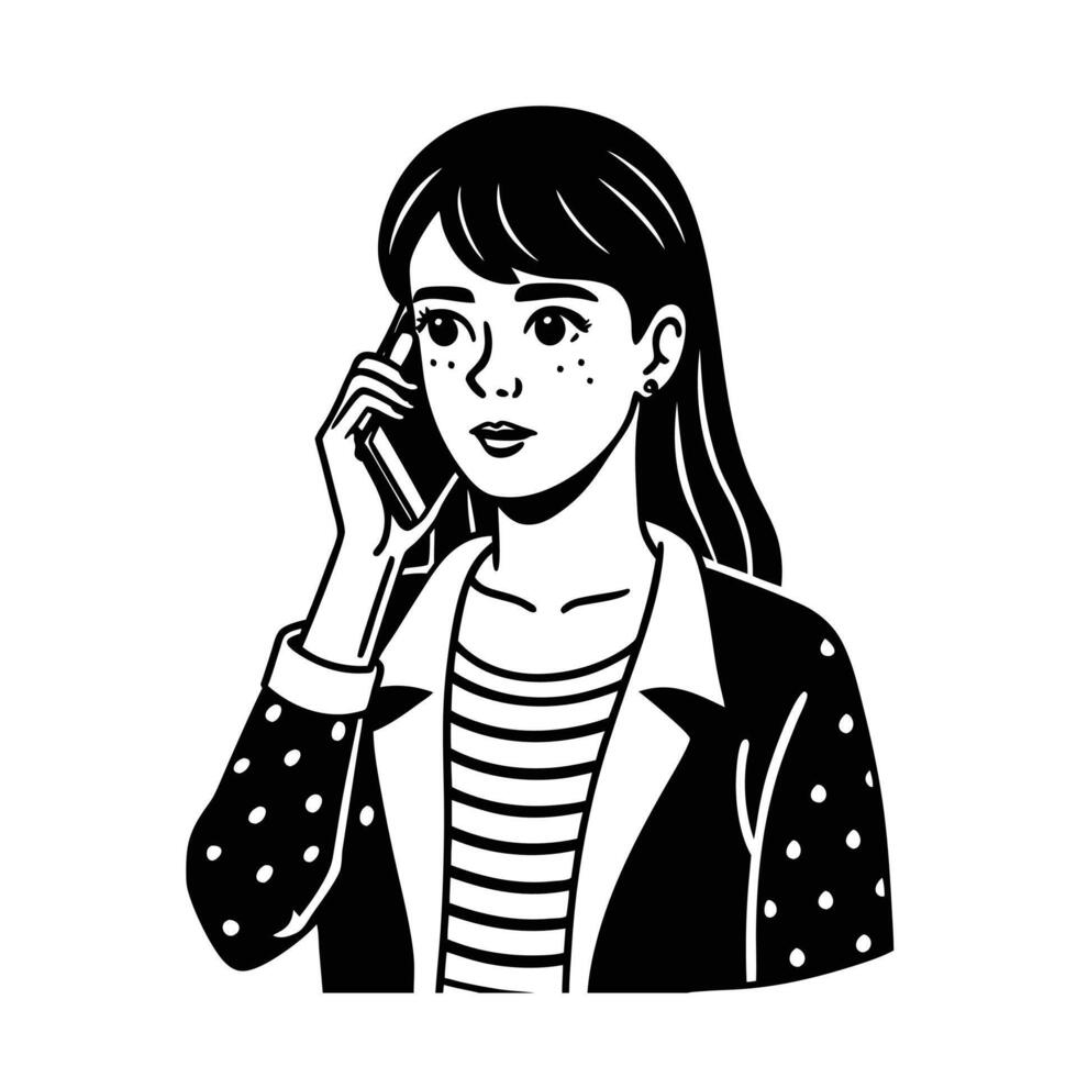 A girl talking mobile phone silhouette vector