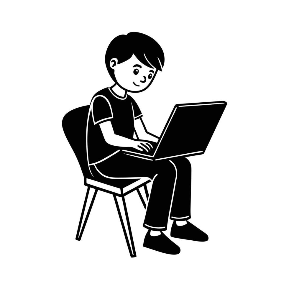 A boy working laptop silhouette vector