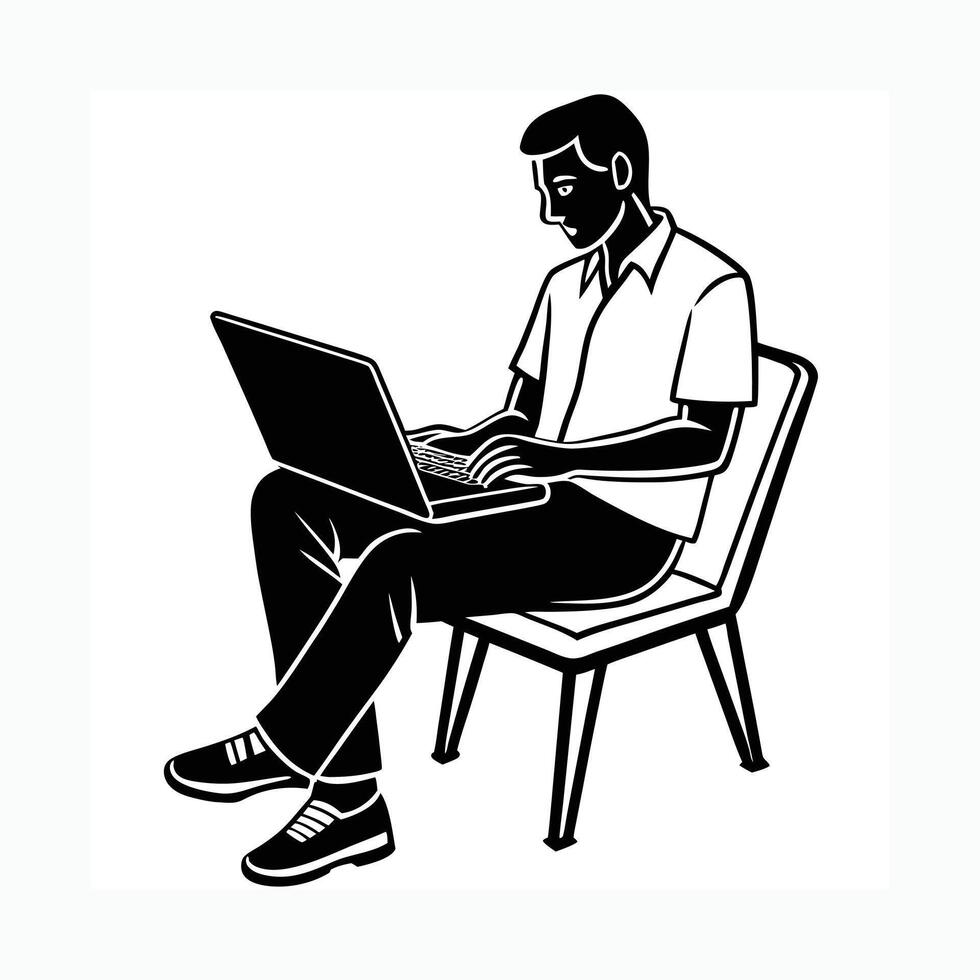 Man working on a laptop silhouette vector