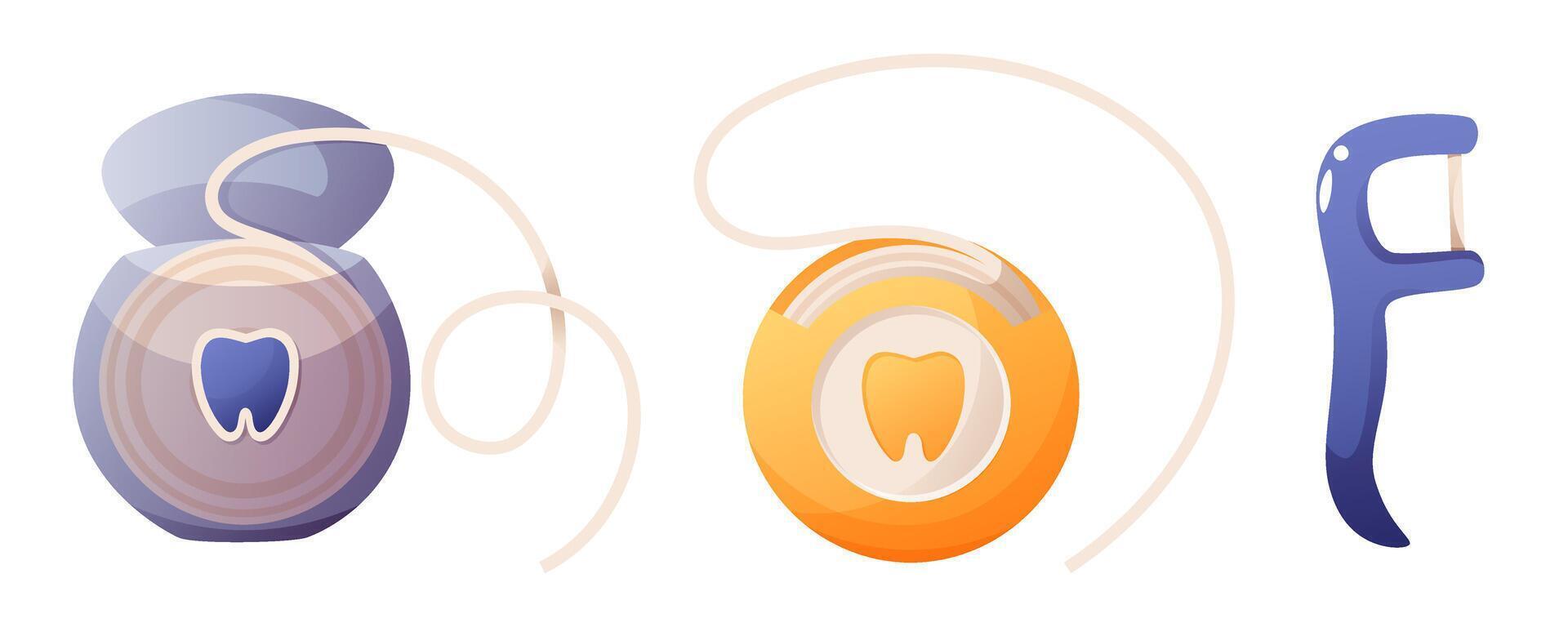 Set of dental floss and toothpicks on a white background. Toothpick flosser, dental floss, floss for dental care and interdental spaces after meals. Dental accessories, tool for oral hygiene. vector
